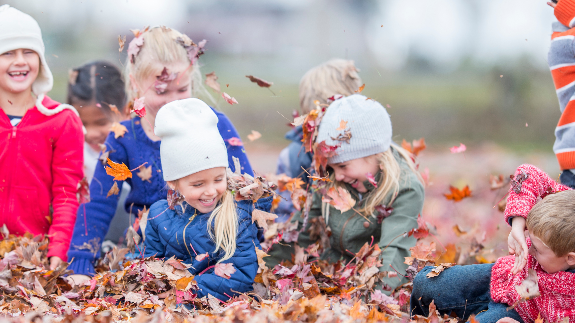 kids playing together in the fall leaves