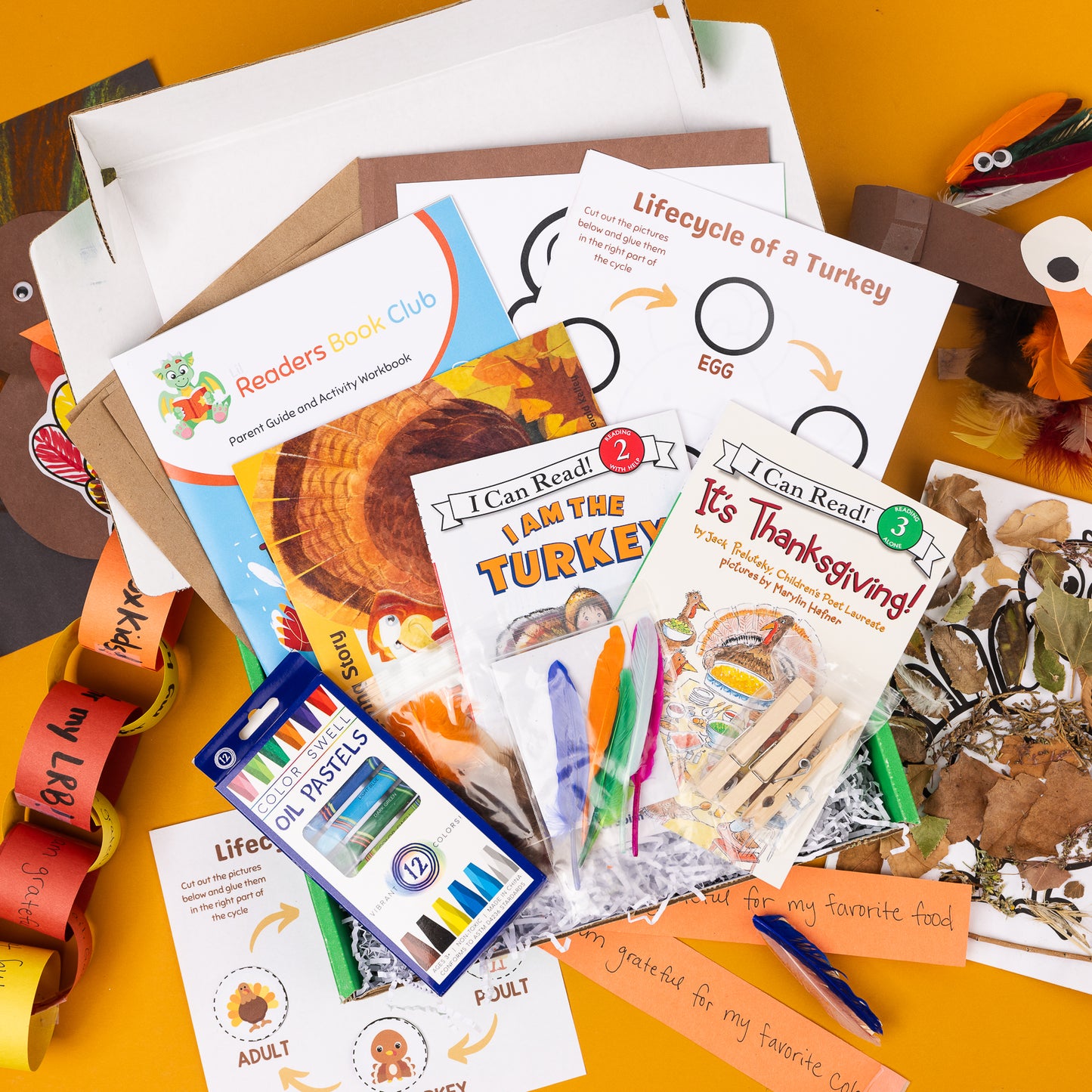 Turkey themed book subscription for kids ages 5-7 with books, themed crafts, and materials.