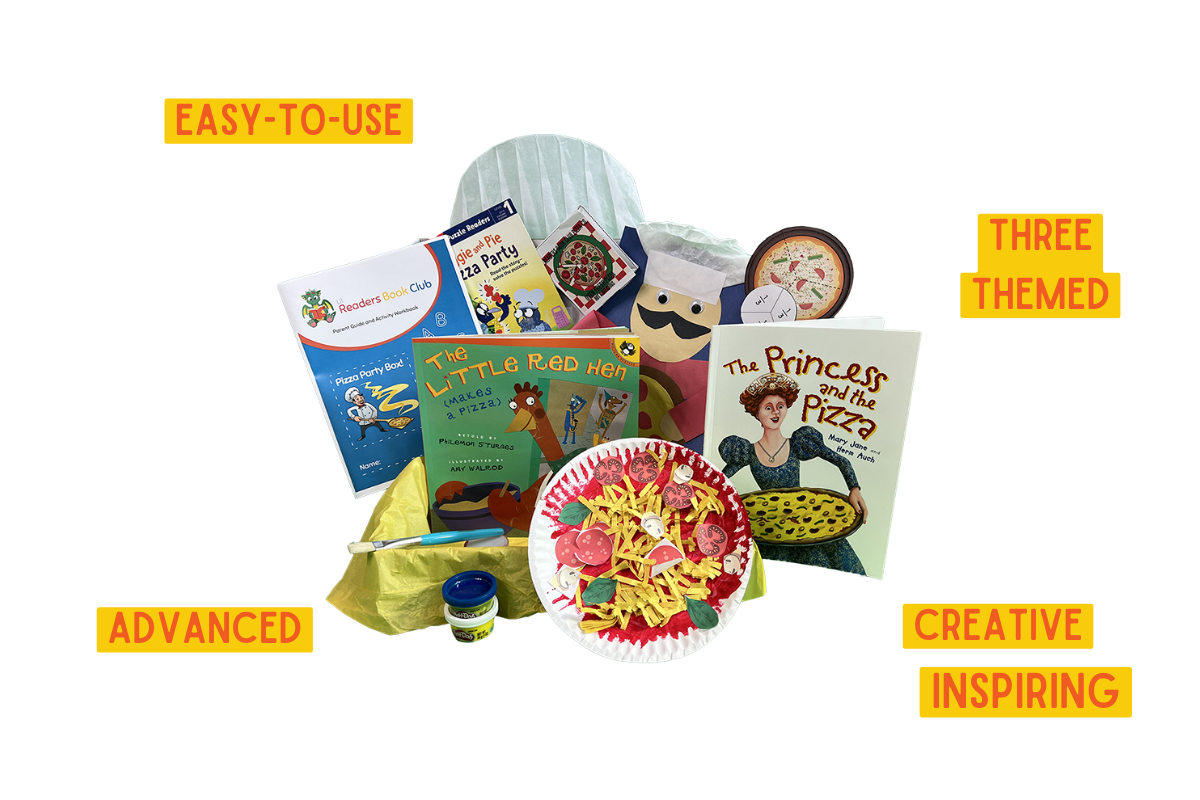 Example of pizza-themed lil readers book club box with 3 books, crafts, parents guide, and comprehension activities