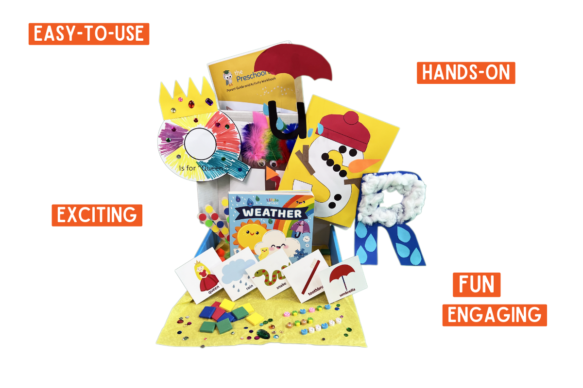Close up labeled display of what's inside a single preschool curriculum bx including parents guide, hands on crafts, un activities, and a book