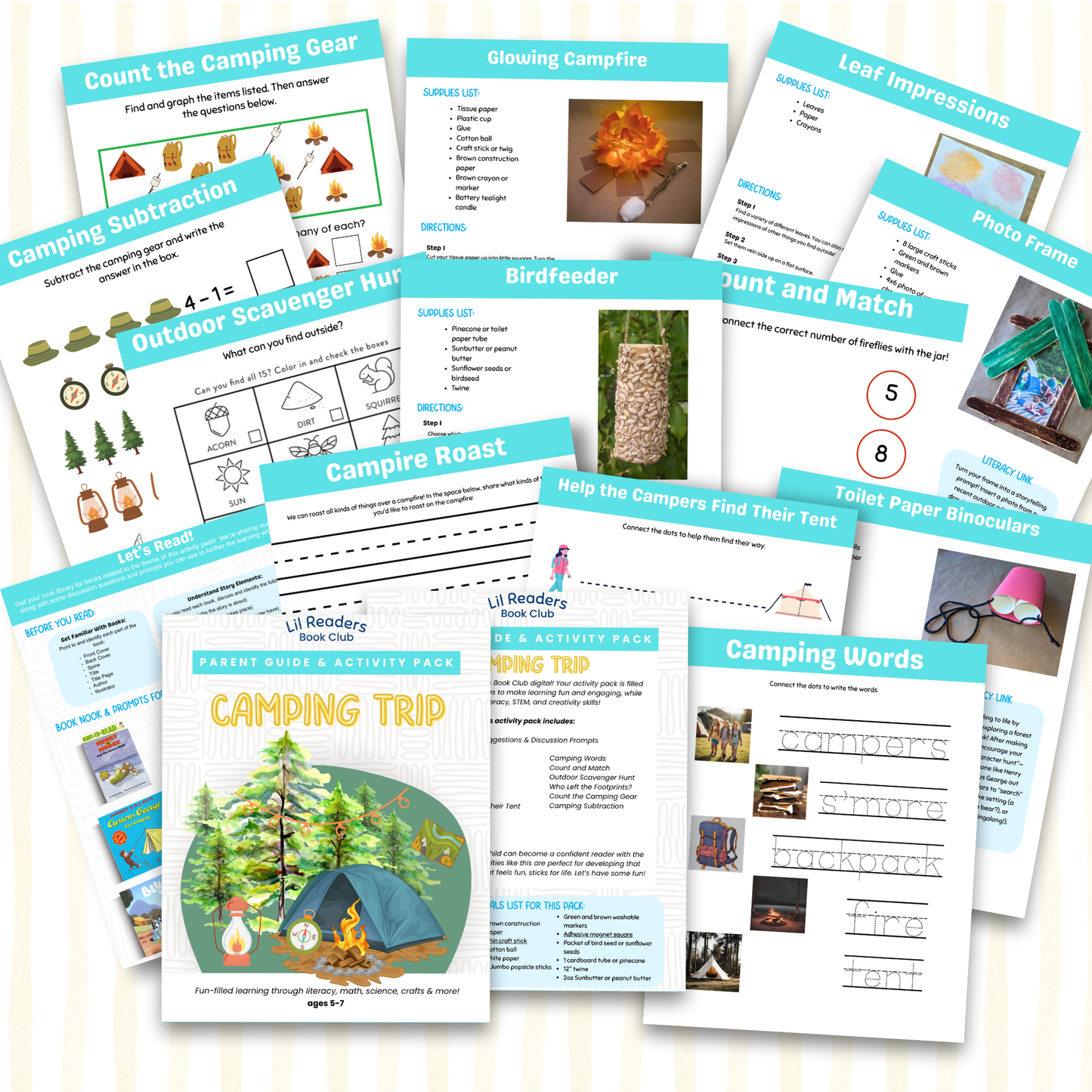 display of all of the pages including in the camping trip activity pack