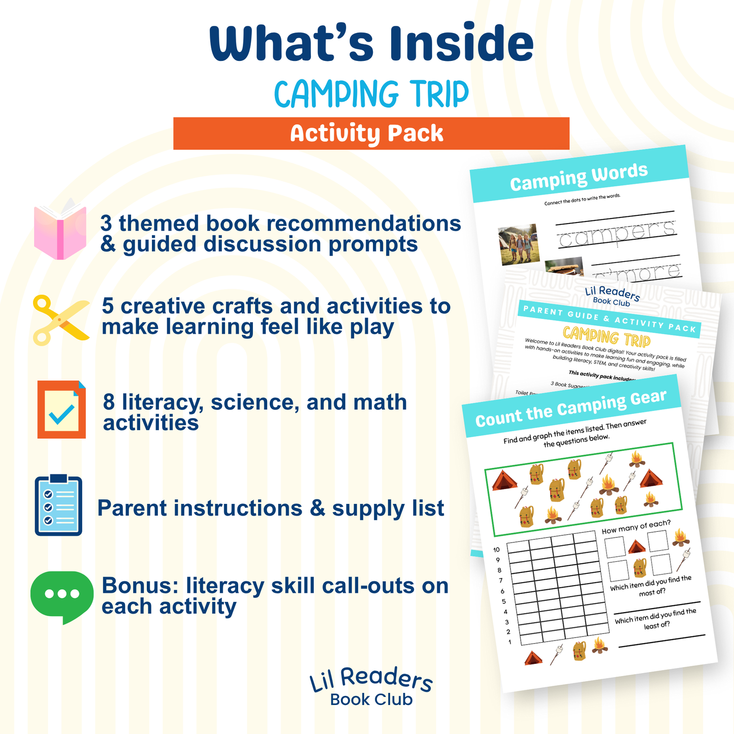 a list of what's inside the camping trip activity pack