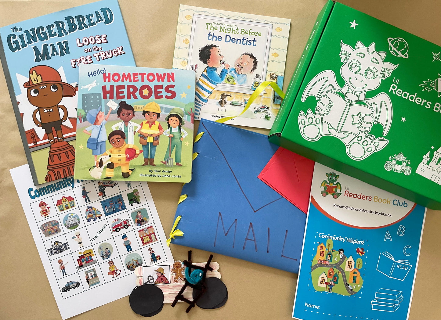 Books and crafts from Lil Readers Book club community helpers box, the book subscription for kids ages 5-7