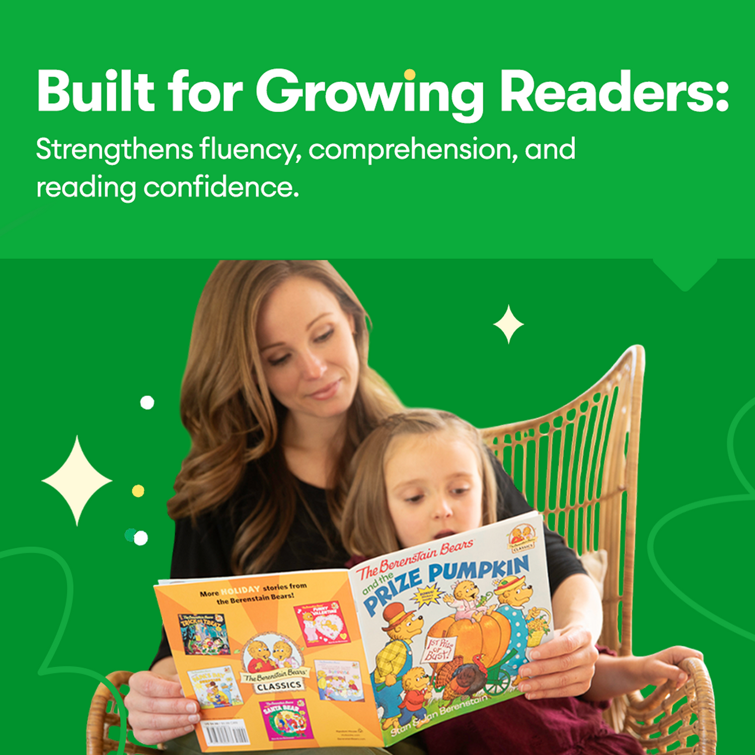 mother and child sitting in a chair reading berenstein bears book