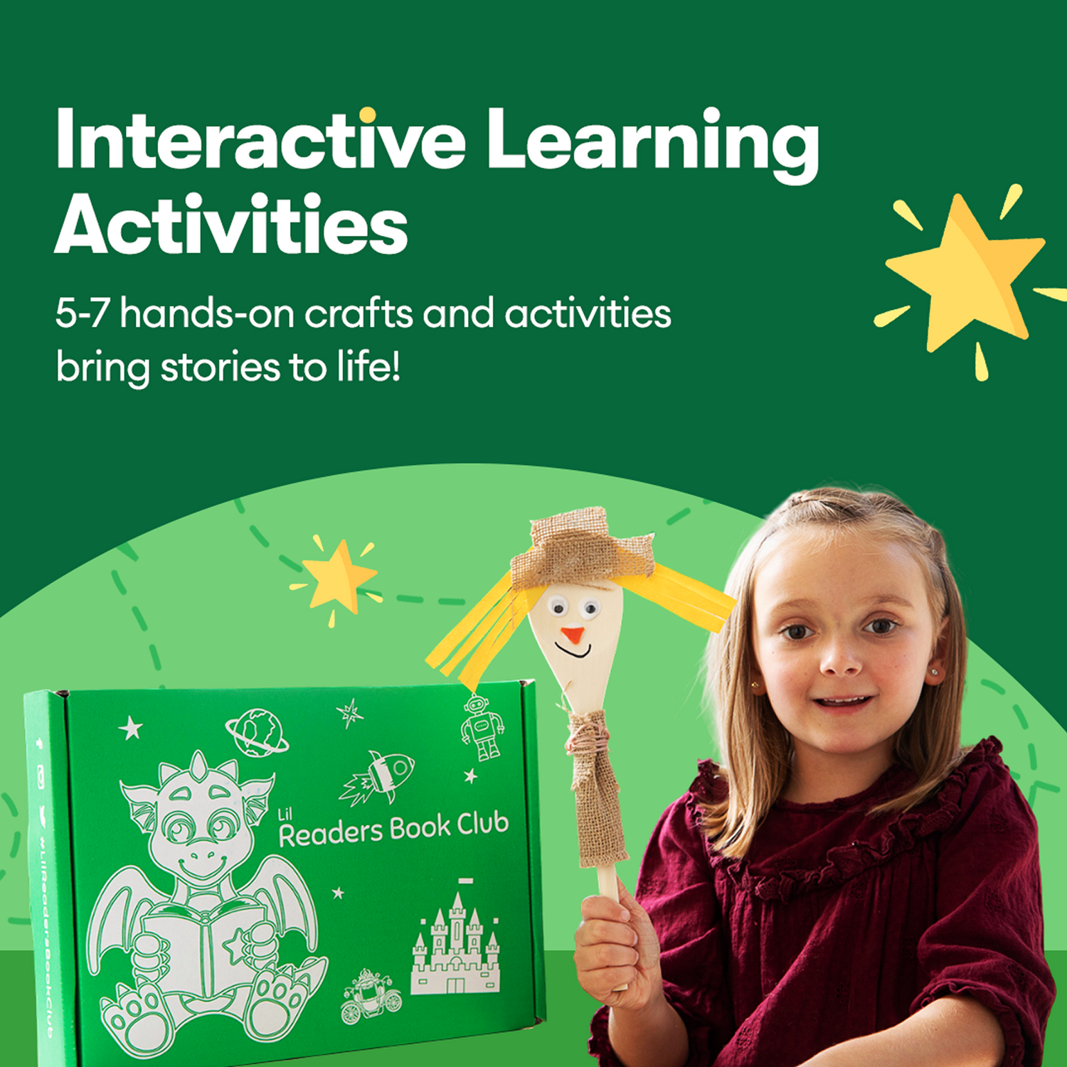 graphic with girl holding craft made from lil readers book club