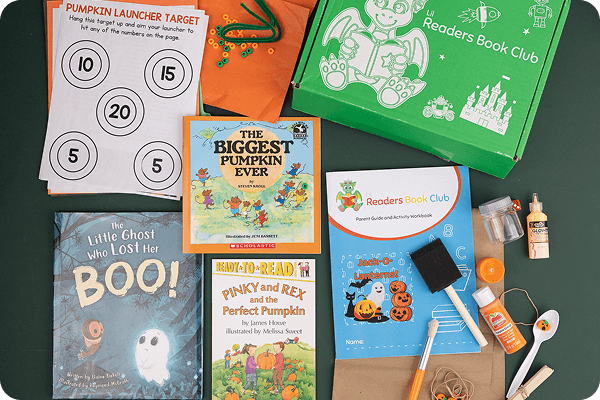 Display of everything in the Lil Readers Book Club kit for the Jack-o-Lanterns theme
