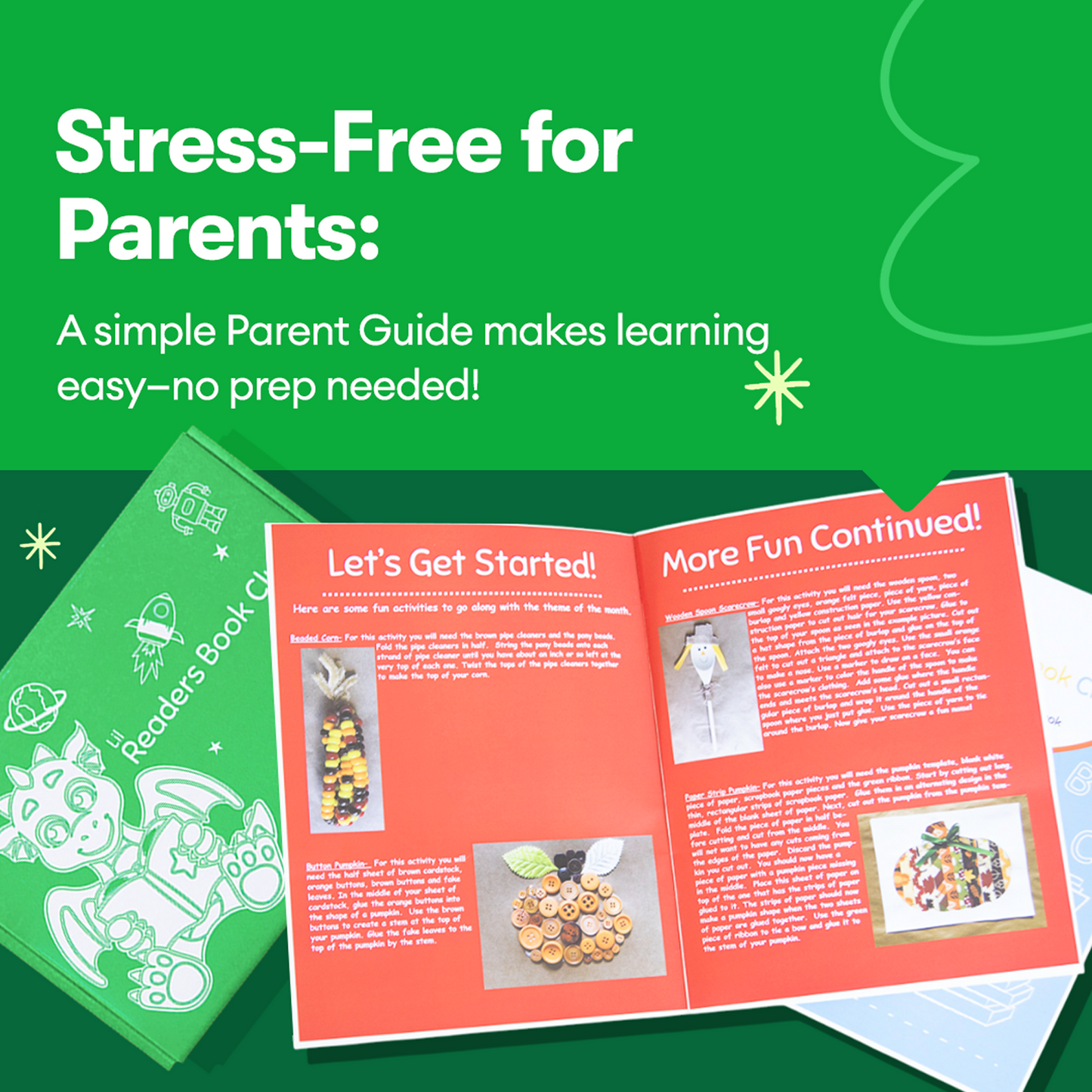 close up of opened parents guide for the book club kit