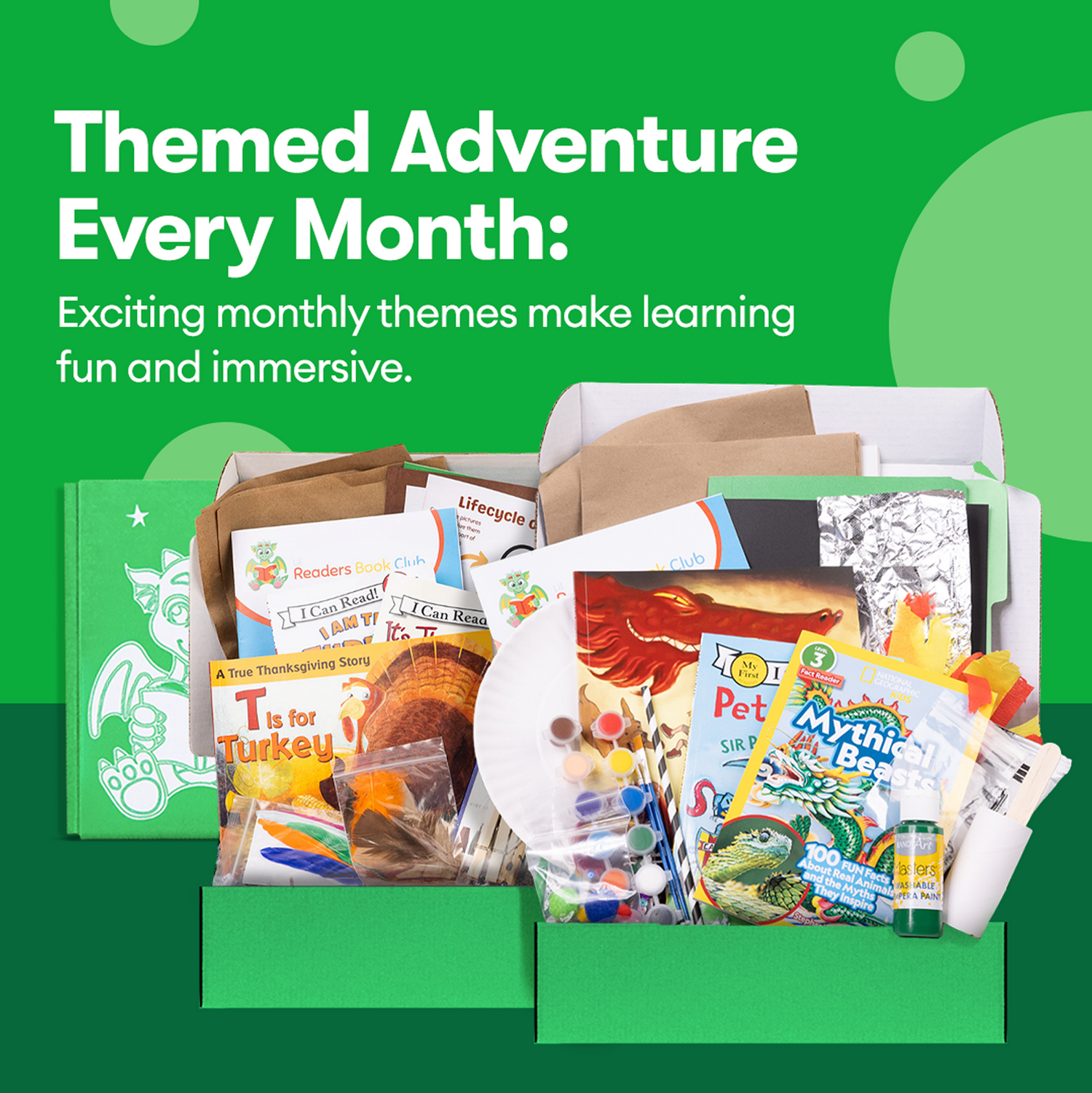 samples of dragons and turkey themed boxes for kids 5-7