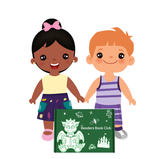 Girl and Boy graphics standing next to Lil Readers Book Club subscription box