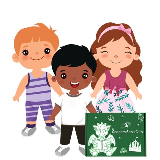 3 kids smiling and standing behind Lil Reader's Book Club subscription box