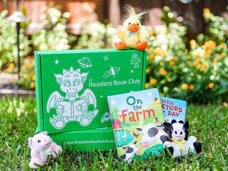Lil Readers Book Club - Subscription Box Kids close up of box and books and stuffies all farm-related